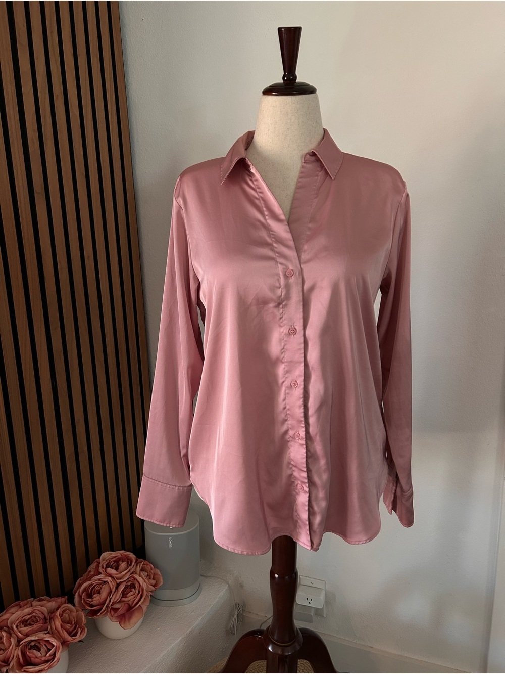 H&M Satin Button-Down Shirt in Rose